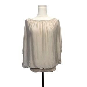 Giusy‎ Top L Beige Silk Blend Kimno Sleeve Blouse Bubble Hem Quiet Luxury Italy